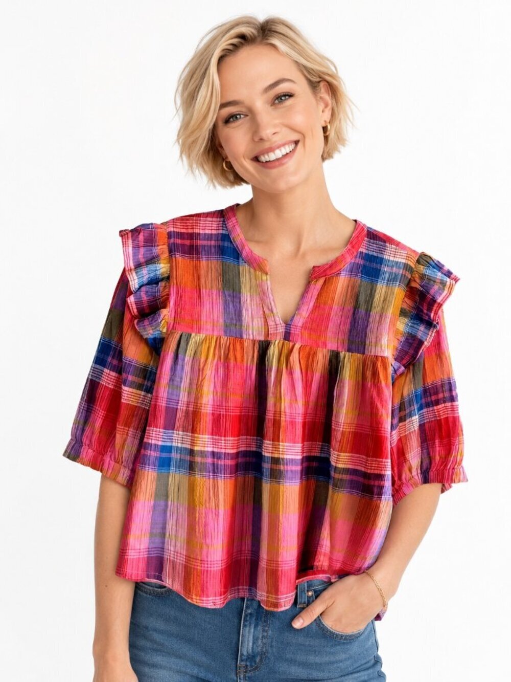 Maisie Rainbow Plaid Cotton Seersucker Flutter Sleeve Top